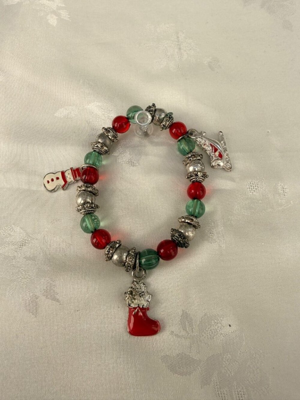 Vintage Holiday Charm Bracelet w/ Snowman, Sled & Stocking Charms Silver Accents
